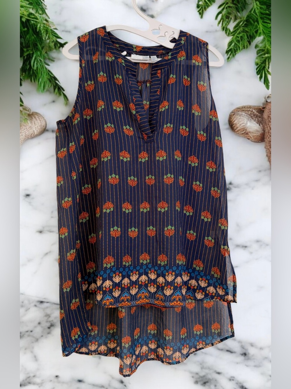 14th & Union Navy Boho Sleeveless Blouse L – Sheer High-Low Geometric Print